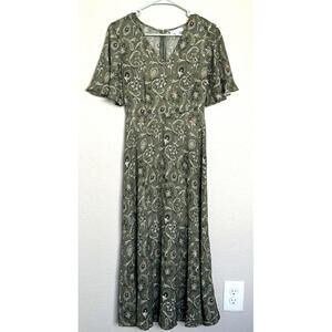 Morgan Taylor Green Paisley Midi Dress S Boho Festival Flutter Sleeve‎ Zip Back
